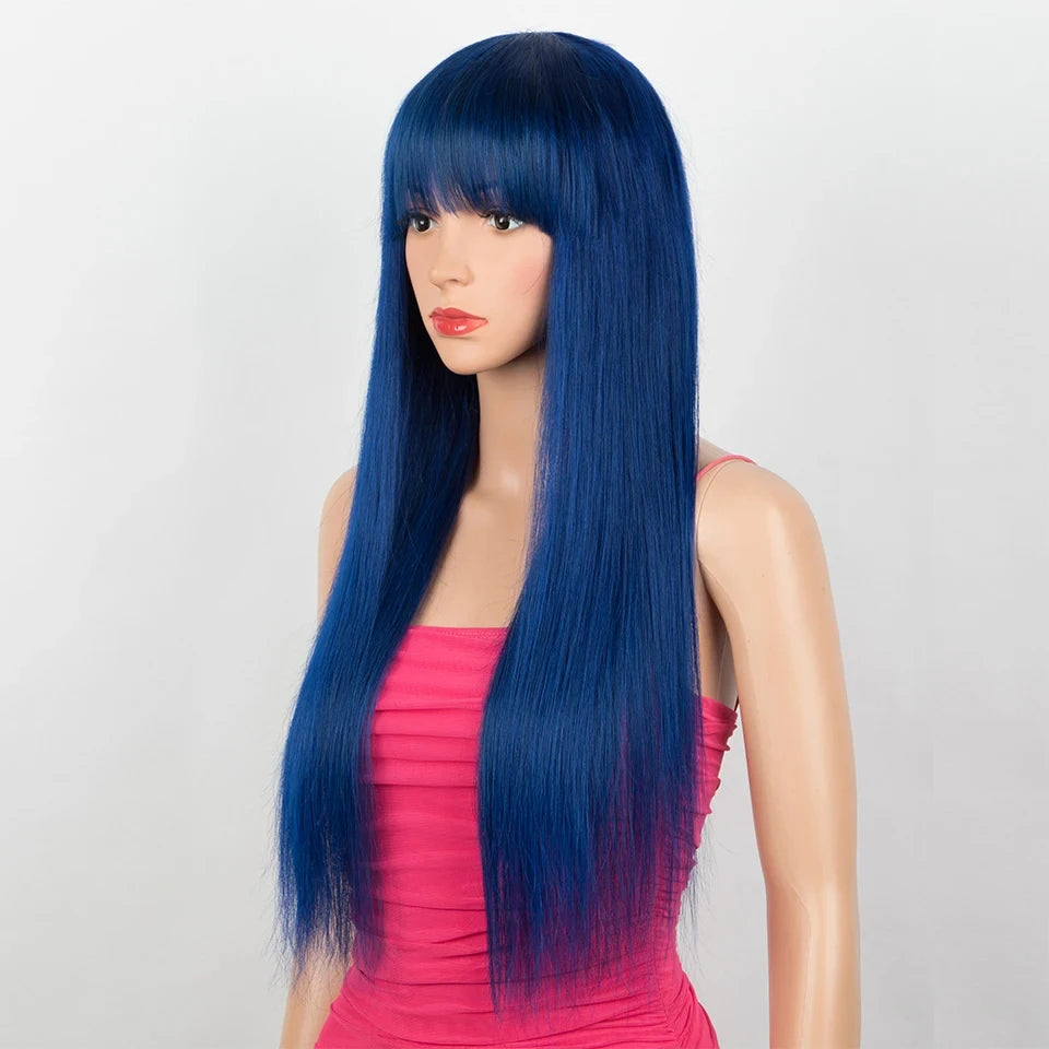 Brazilian Straight Human Hair Wig With Bangs Royal Blue Wear To Go Glueless 100% Remy Human Hair Wigs Full Machine Wig For Women