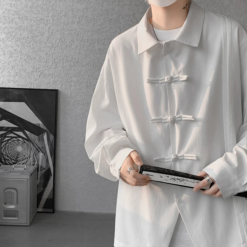 Men's Dial Buckle Solid Long Sleeve Shirt Chic Pleated Decor 2024 Spring New Loose Casual Traditional Chinese Style Clothing