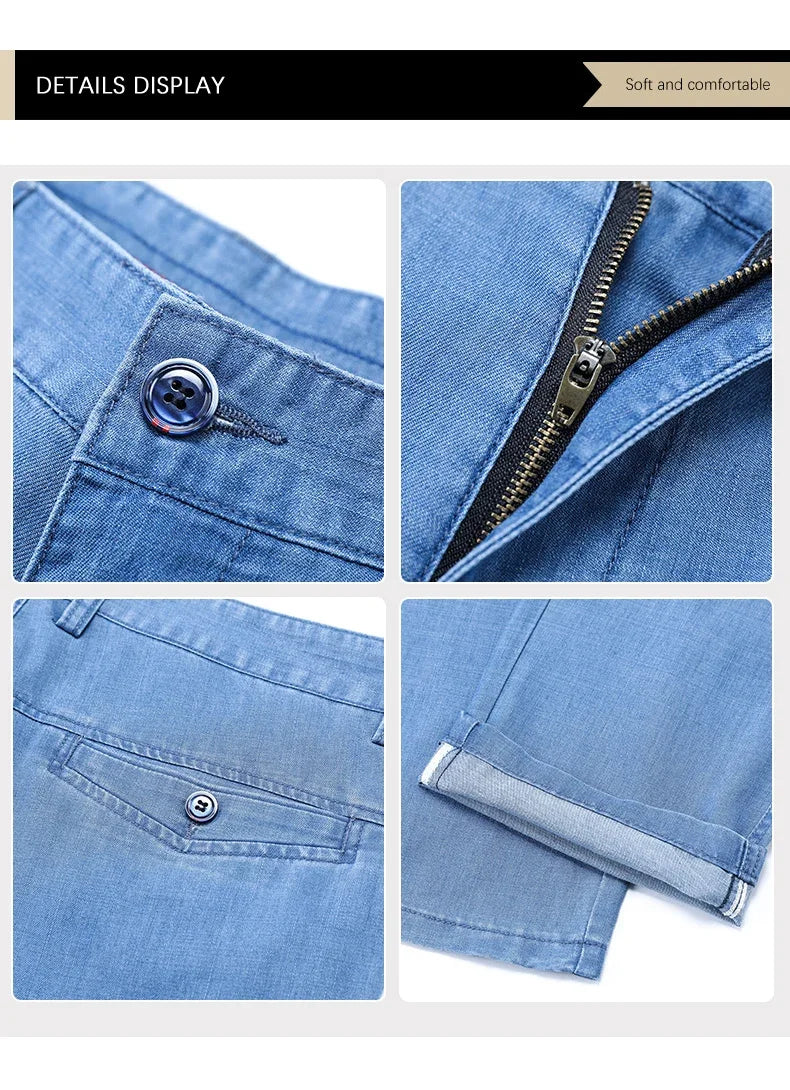 2024 New Men's Thin Lyocell Fabric Loose Jeans Light Blue Business Fashion Stretch Denim Trousers Male Clothing Brand Pants