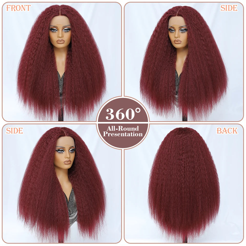 Kinky Straight Lace Front Wig T-Part 28Inch Synthetic 13x5x1 Long Lace Wigs Afro Yaki Straight Wigs Ombre Brown For Black Women