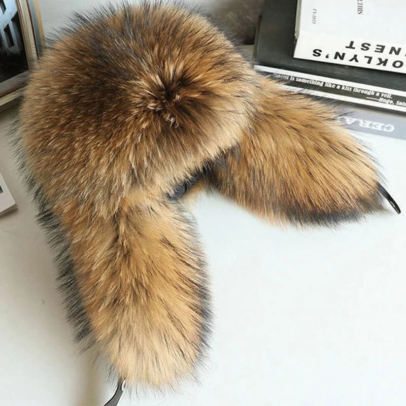 Natural Raccoon Fur Hat Women Black Fox Fur Russian Ushanka Hats Winter Warm Ears Bomber Cap