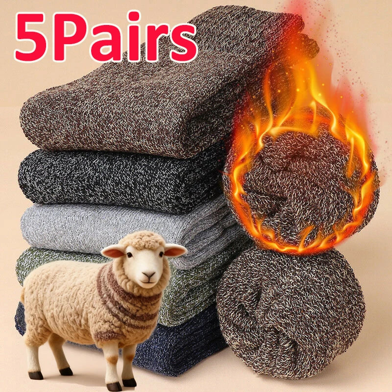 5 Pairs Winter Socks Men's Wool Warm Socks Thick Towel Mid-Calf Anti-Cold Snow Boots Socks Retro Solid Color Merino Terry Socks
