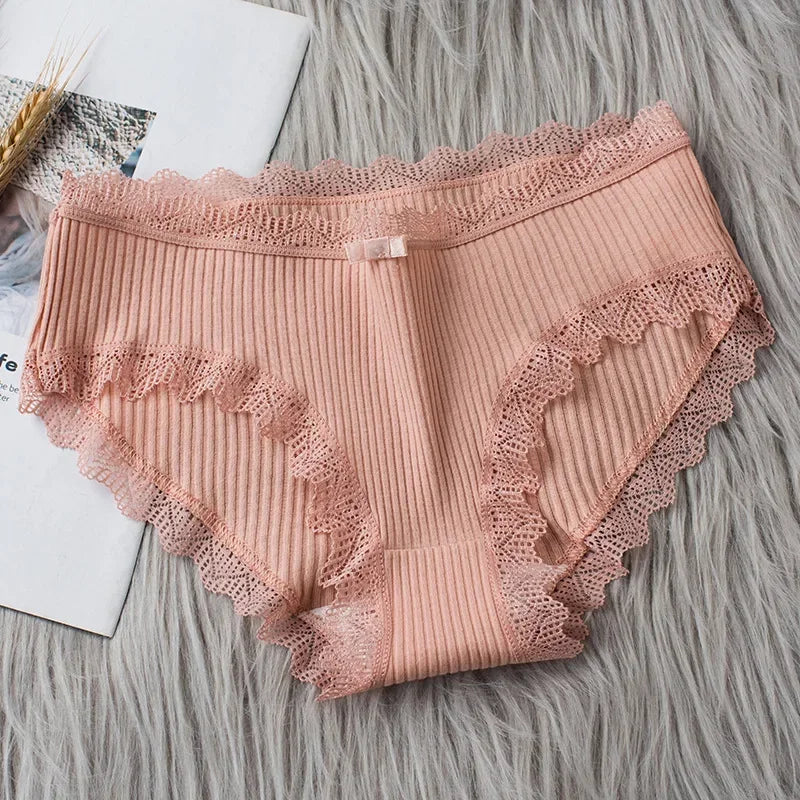 Cotton Sexy Lace Mid Waist Underwear Threaded Brief Solid Color Skin Friendly Ladies Underpant Breathable Fashion Casual Panties