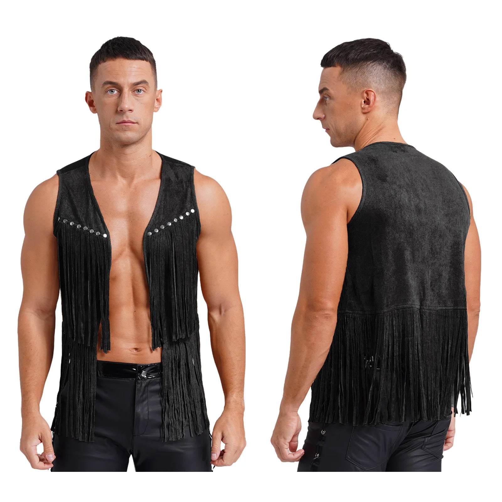 Mens Faux Suede Tassel Vest Coat Punk Western Cowboy Costume Fashion Rivets Fringe Waistcoat Open Front Sleeveless Jacket Tops