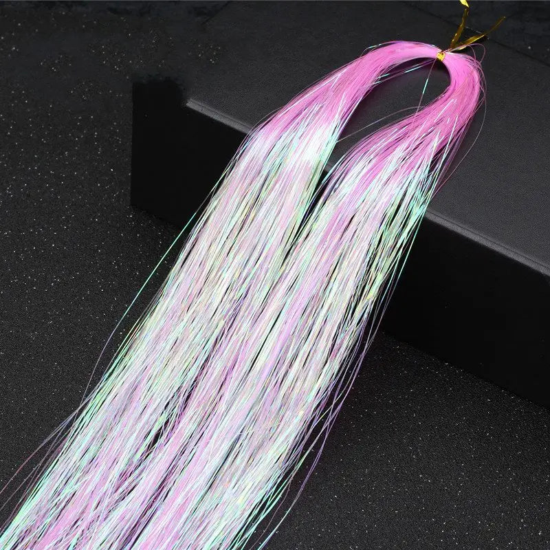 Long 90cm 200 Strands Sparkle Hair Tinsel Hair Rainbow Shiny Silk Hair Extensions Dazzles Women Hippie For Braiding Headdress