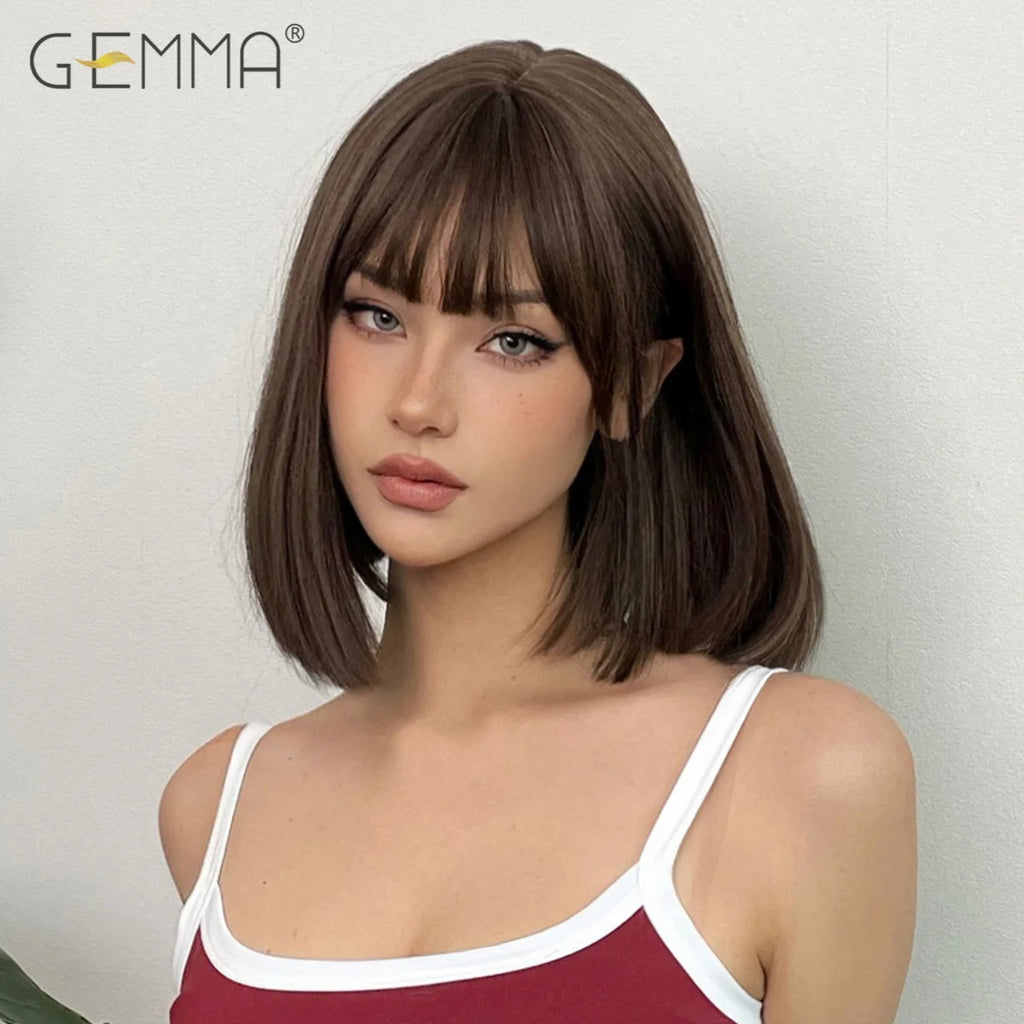 GEMMA Dark Brown Bob Synthetic Natural Hair Wig with Fluffy Bangs for Women Short Straight Wigs Heat Resistant Daily Cosplay Wig