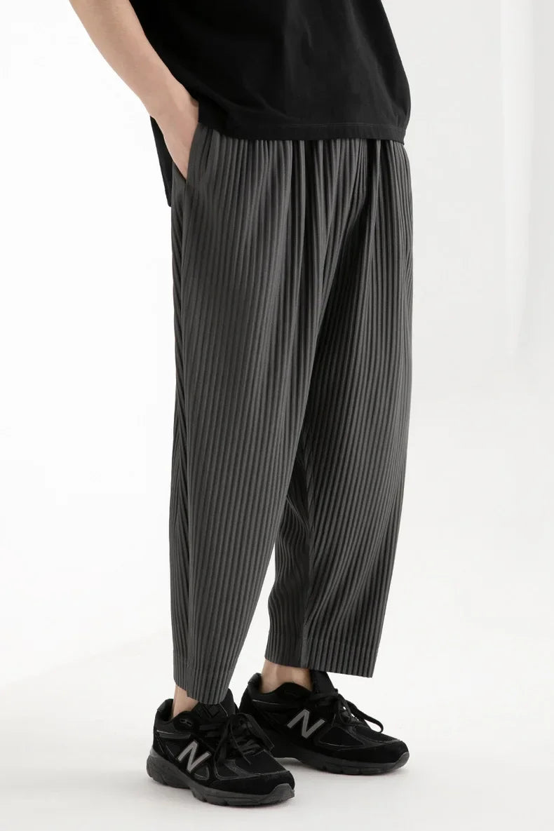 Pleats Pleated Commuter Pants Men's 2024 Autumn New Draped Elastic Trousers Casual Japanese Men Solid Color Nine Minute Pants