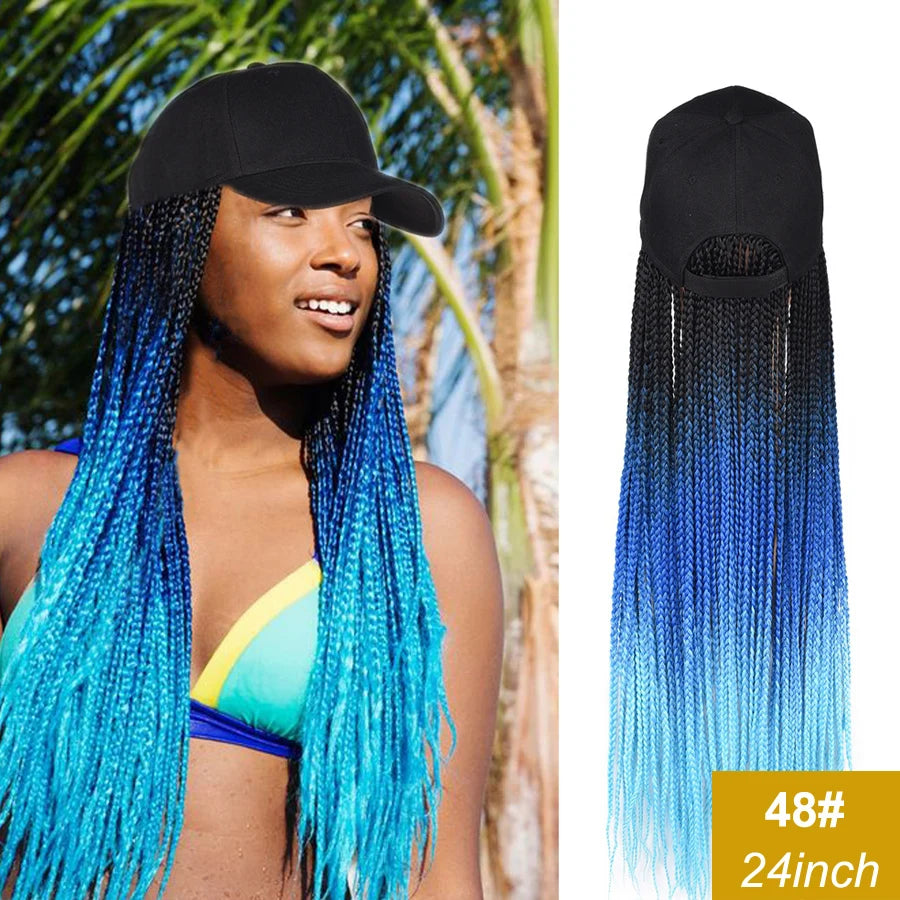 Synthetic Hat Wig Baseball Cap with Braiding Hair 24inch Long Braids Wigs Women Girls Daily Wear Ombre Blue Grey Brown Blonde