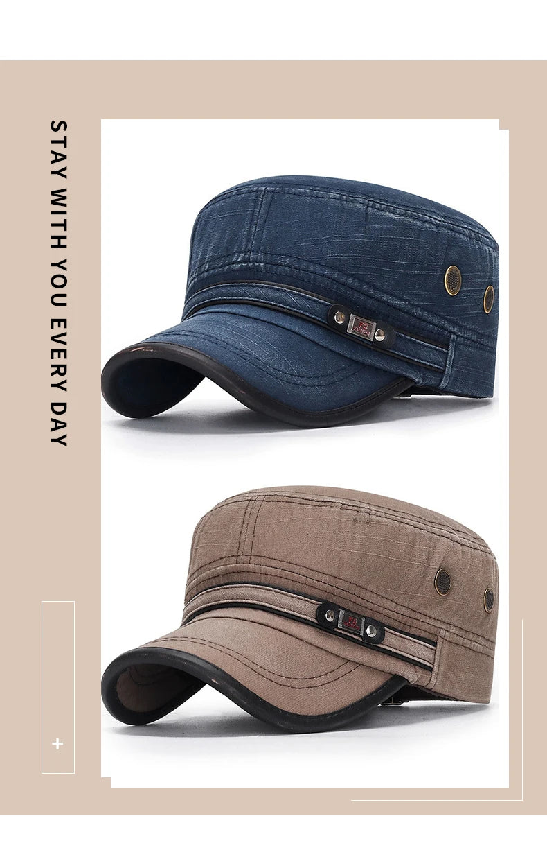 Unisex Baseball Cap Vintage Cadet Top Cap Washed Cotton Fashion Adjustable Flat Top Hat for Men Women