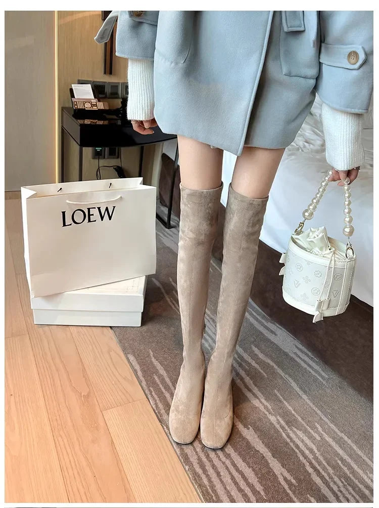 Elastic Long Faux Suede Boots Woman Over-the-knee Boots Casual Black Platform Shoes for Women Autumn Ladies Bottes 2024