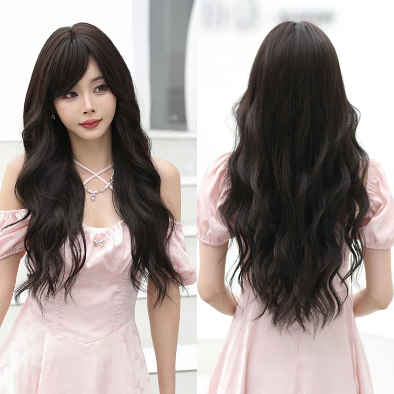 7JHH WIGS Body Wavy Wig Long Loose Curly Brown Wig for Women Daily Use High Density Synthetic Layered Hair Wigs with Bangs