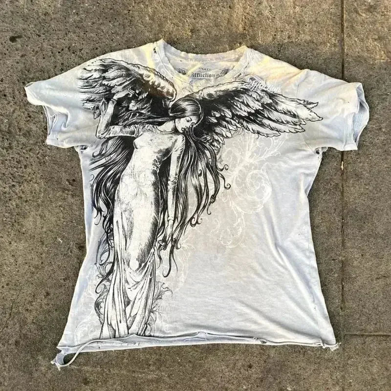 2000s Affliction Style Streetwear Tee Gothic Skull Cross Print Trendy Graphic T-shirts
