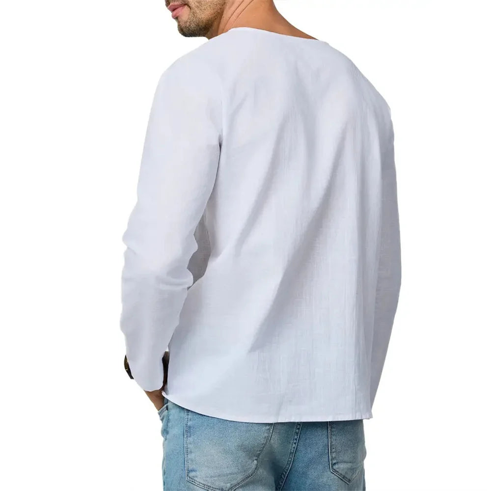 Men's Cotton Linen Long Sleeve T-Shirt Breathable V-neck Casual Slim Fit Solid Color Lightweight Male Casual Cozy Tees