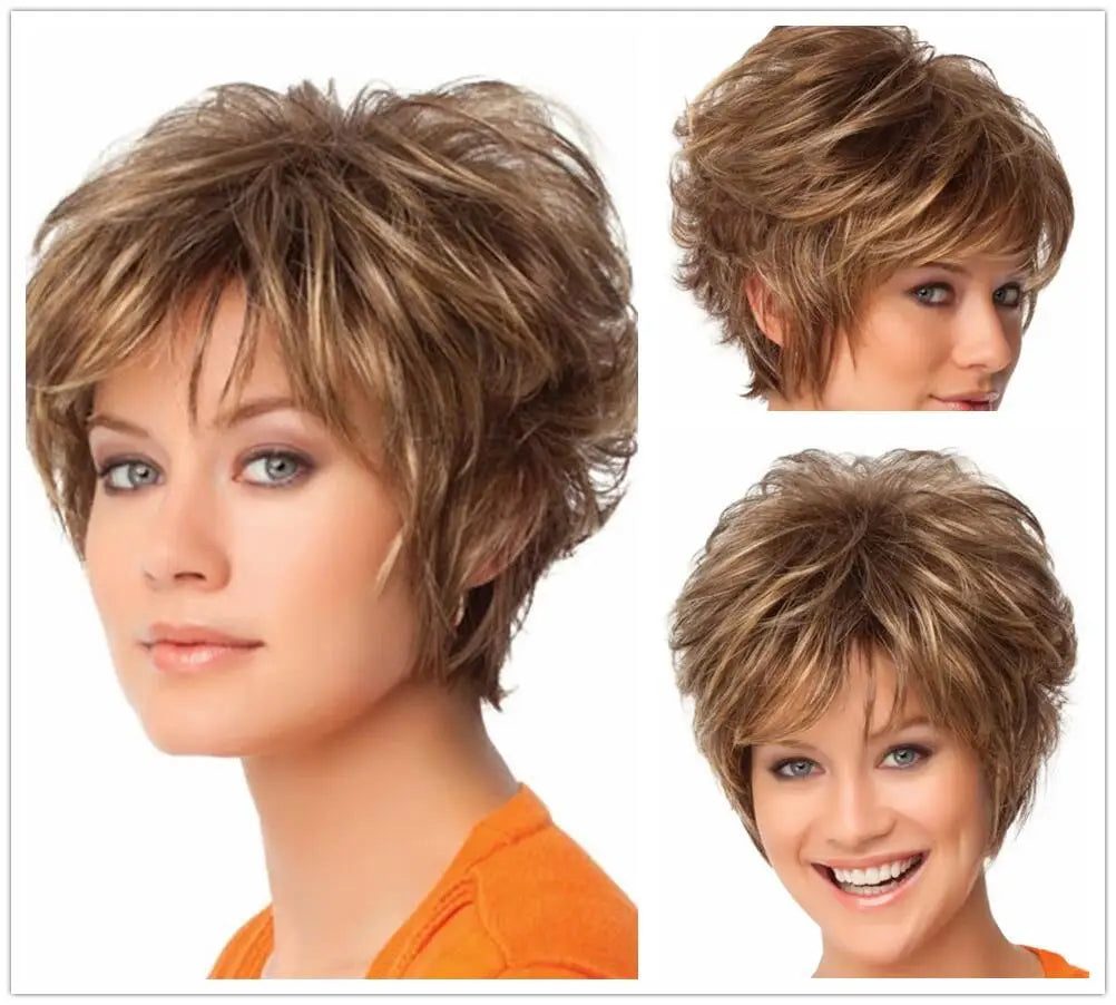 Old Lady Synthetic Hair Blonde Wig with Bangs Natural Short Wig for White Woman High Temperature Blond Ombre Mommy Wig for Daily