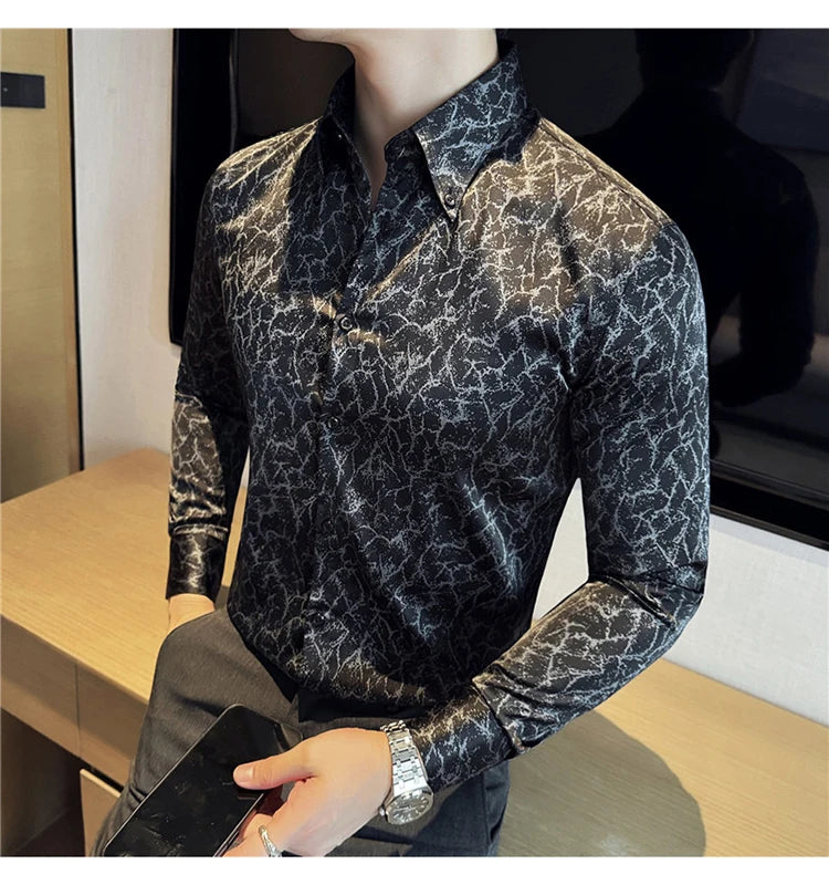 Men Dress Shirt 2024 Solid Casual Long Sleeve Slim Fit Print Shirt Fashion Formal Social Banquet Tuxedo Wedding Men Clothing
