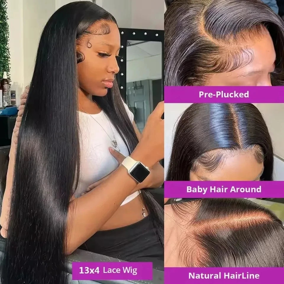 13x4 Brazilian Human Hair Wear and Go 200 Density Straight 13x6 Hd Lace Frontal No Glue Natural Black Pre Plucked with Baby Hair