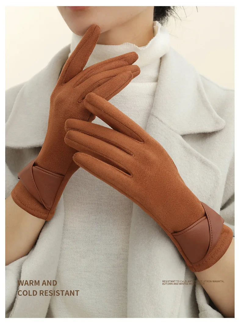 New Suede Gloves for Women Winter Plus Velvet Warm Commercial Style Temperament Bow Touch Screen Riding Driving