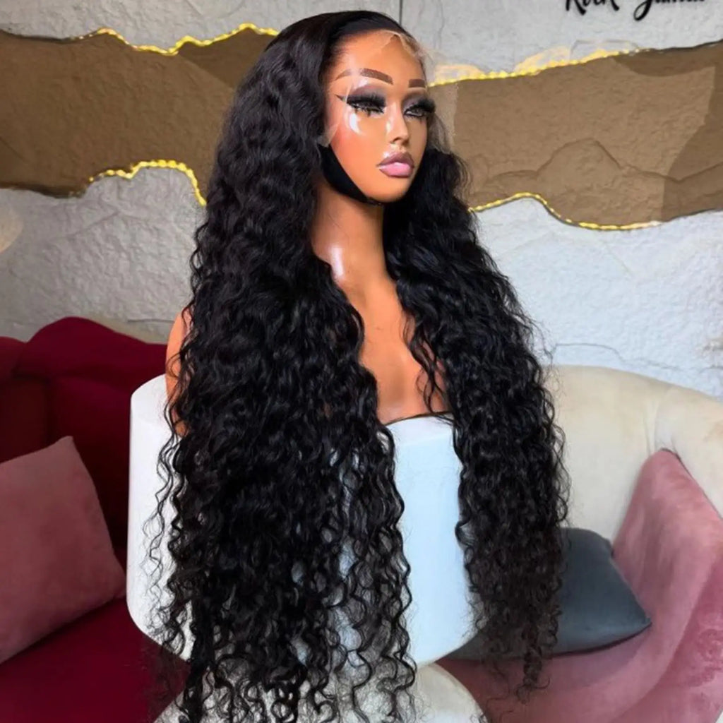 Deep Wave Black Color Soft Synthetic 13X4X1 HD Lace Front Wigs For Women Prepuck Bleach Knots Glueless Wig Daily Party Cosplay