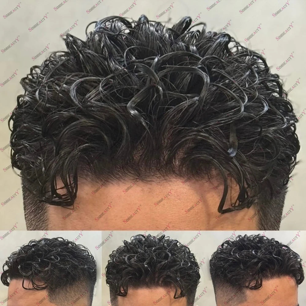 Durable Natural Hairline Human Hair Men's Toupee 26mm Curly Managable Skin Base #1 Jet Black Brown Hair Capillary Prosthesis