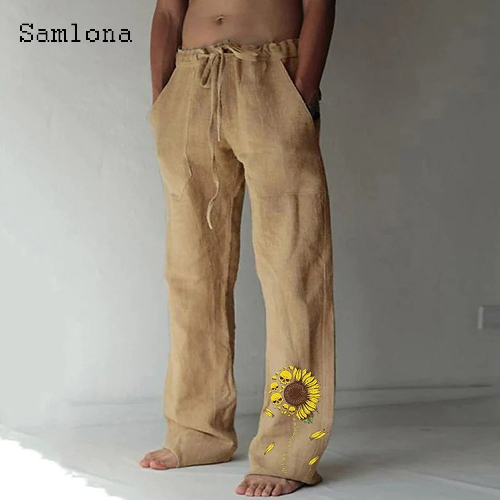 Samlona 2025 Men's Pocket Design Linen Pants Drawstring Loose Trouser Plus Size 3xl Mens Fashion Birds Feather Print Sweatpants