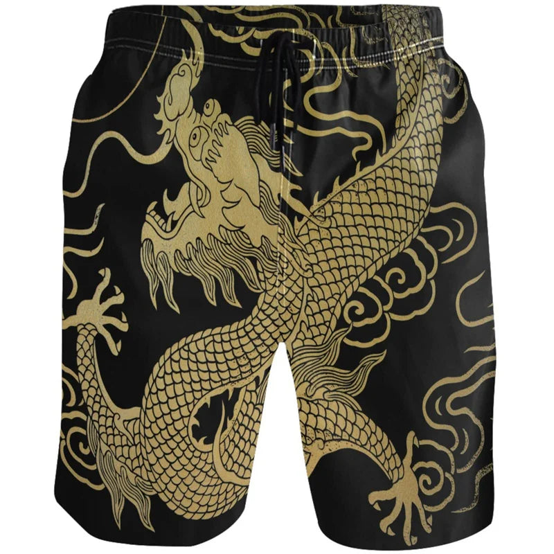 Vintage Chinese Carp Dragon 3d Printed Beach Shorts Street Short Pants Men Summer Loose Swim Trunks Quick Dry Board Shorts