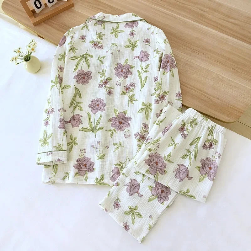 2024 Autumn Cotton Crepe Women's Pajamas Casual Soft Loose Sleepwear Long Sleeve Pants Pajama Sets Night Clothes 2-piece Set