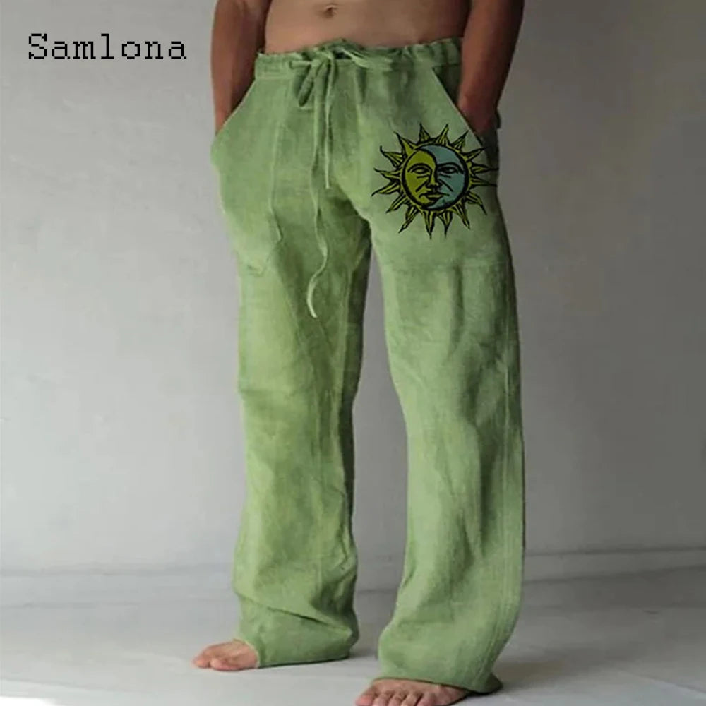 Samlona 2025 Men's Pocket Design Linen Pants Drawstring Loose Trouser Plus Size 3xl Mens Fashion Birds Feather Print Sweatpants