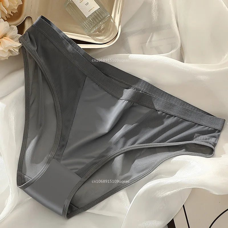 Women Sexy Mesh Ice Silk Solid Thin Breathable Underwear Middle Waist Elasticity Plus Big Panties Elasticity Plus Big Panties