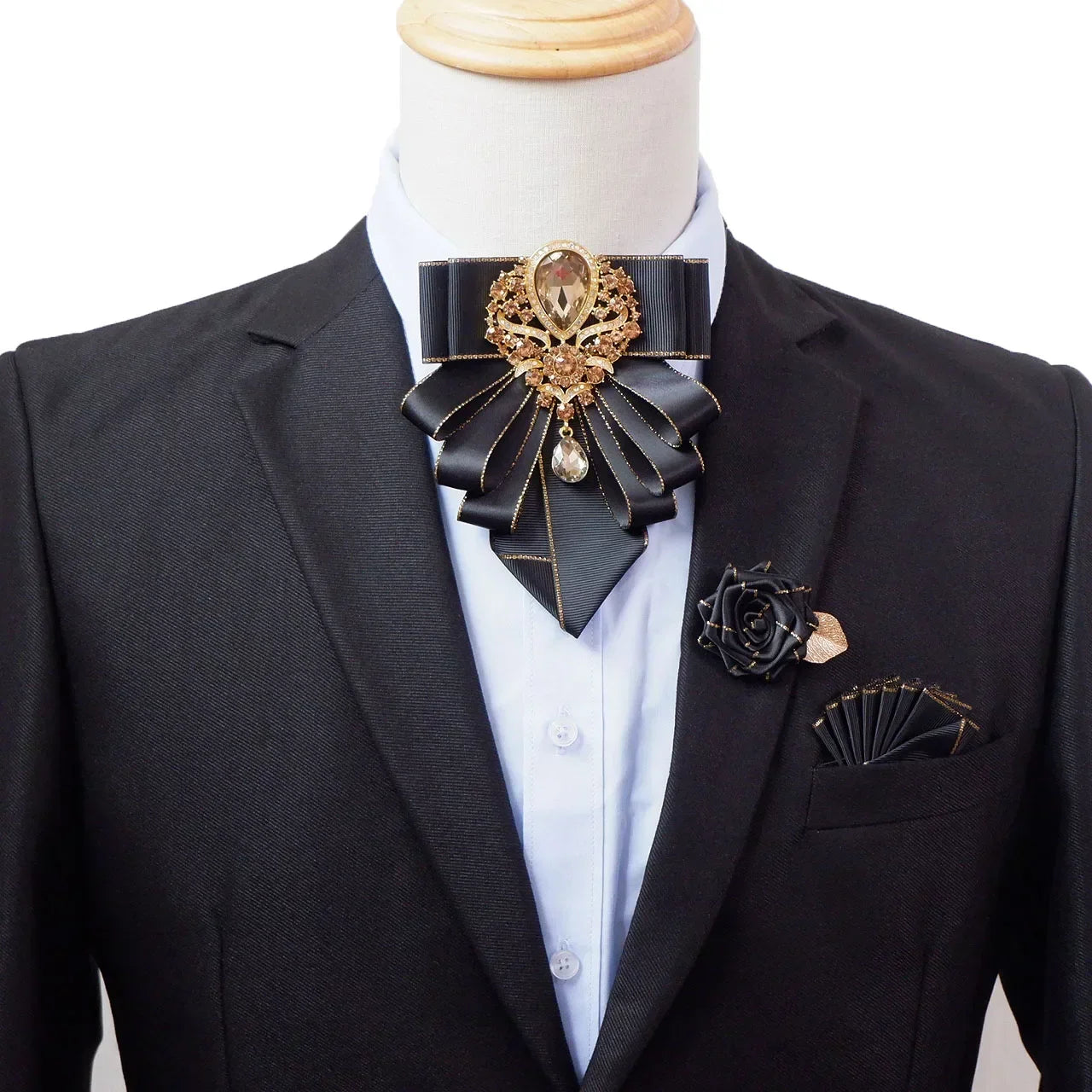 Vintage British Banquet Suit Shirt Collar Flowers Luxury French Men's Jewelry Bow Chest Clip 3-piece Set Wedding Bows Brooch Set