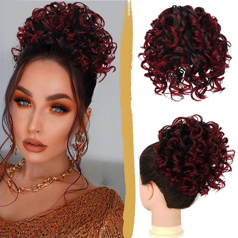 Brown Curly Hair Bun Curly Wave Drawstring Ponytail Buns Extensions for Women Heat Resistant Synthetic Updo Chignon False Hair