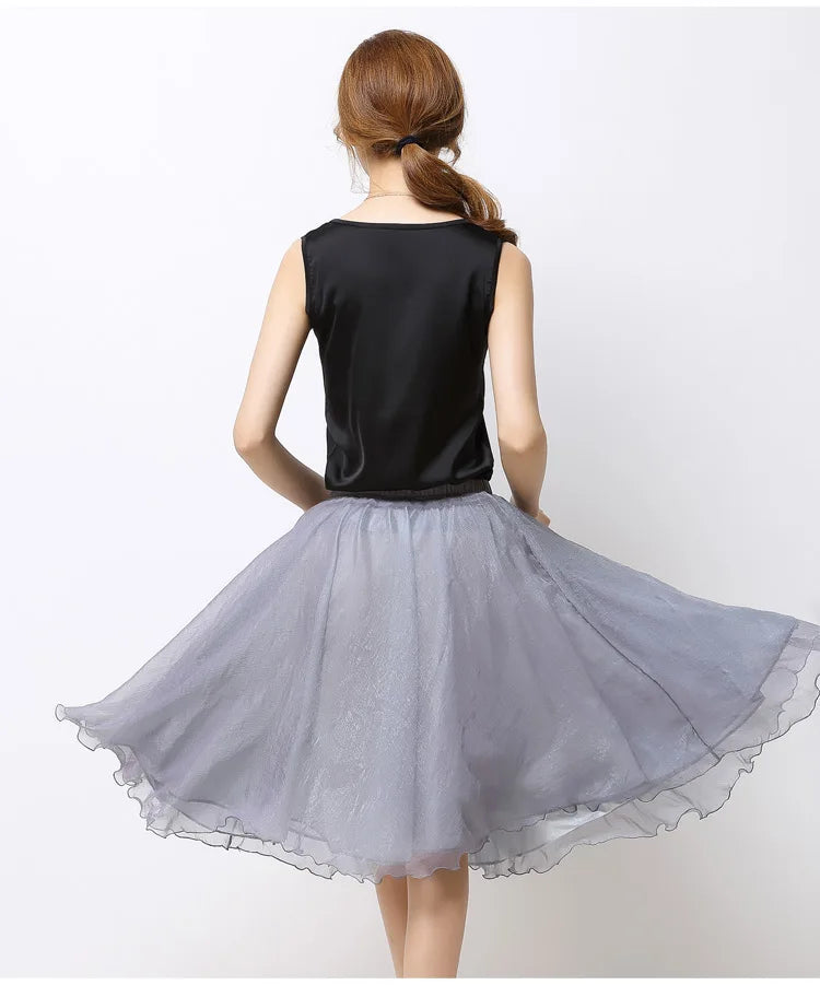 Summer Women Silk Tutu Skirts Chiffon Pleated Dance Beach Wedding Party Skirt Black White Elastic High Waist Midi Skirts