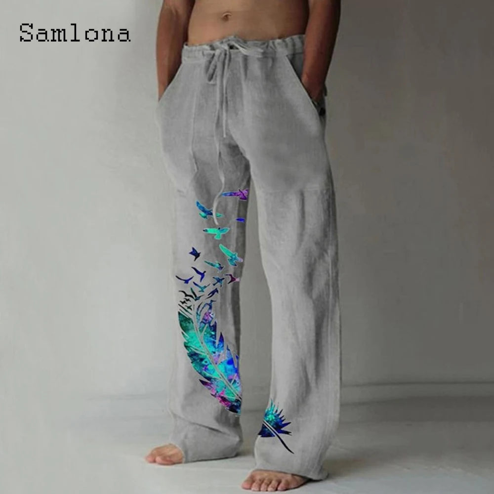 Samlona 2025 Men's Pocket Design Linen Pants Drawstring Loose Trouser Plus Size 3xl Mens Fashion Birds Feather Print Sweatpants