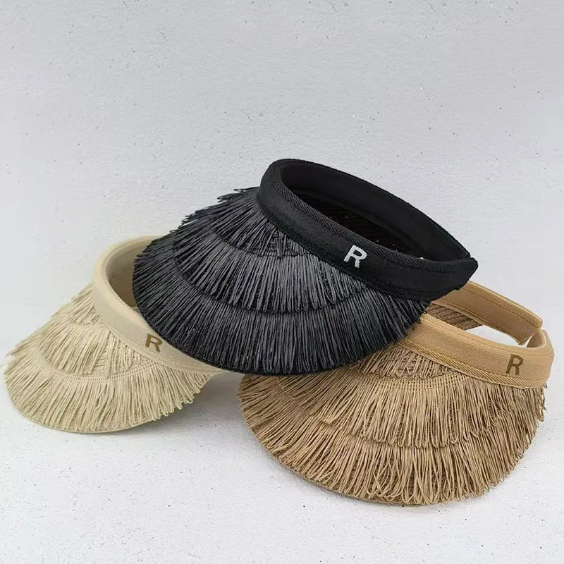 2025 New summer empty top women's straw braid fringe sunhat is a sunhat with sunblock UV beach holiday