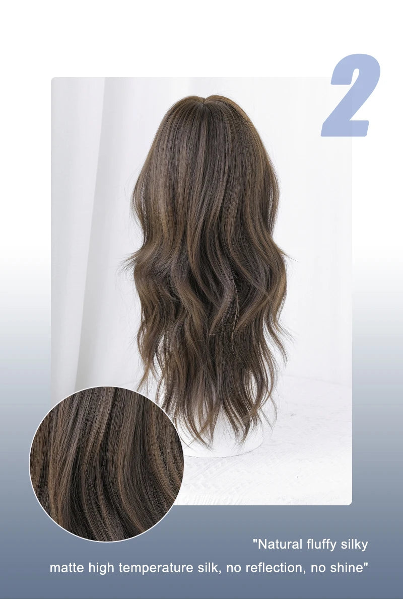 7JHH WIGS Loose Body Wavy Brown Hair Wigs with Neat Bangs High Density Synthetic Fashion Wave Wig for Women Natural Looking