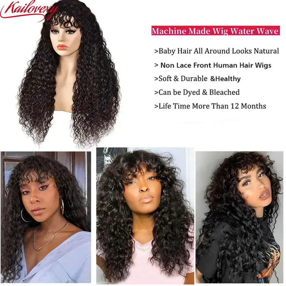 Water Wave Wig with Bangs Human Hair Full Machine Made Scalp Top Wig Glueless Virgin Brazilian Long Curly Wig No Lace for Women