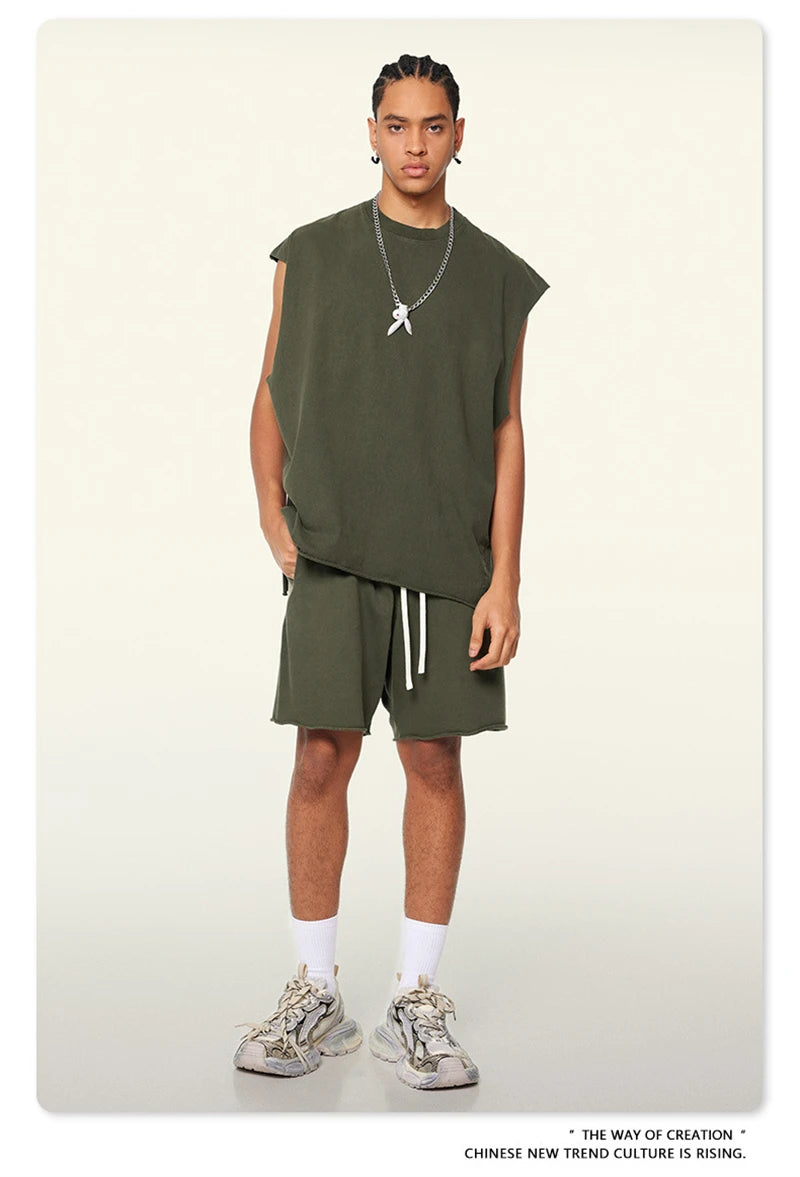 ZODF Vintage 2024 Washed 270gsm Cotton Tank Tops For Men Unisex Summer Relax Fit Slit Sleeveless Vest Streetwears HY0777