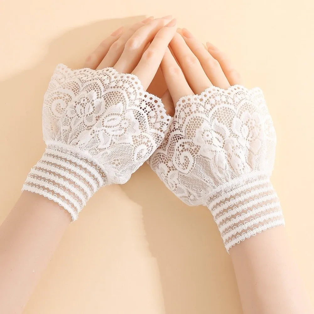 1 Pair Versatile Elegant Fake Cuffs Embroidery Pattern Detachable Lace Sleeves Solid Color Thin False Cuffs For Women