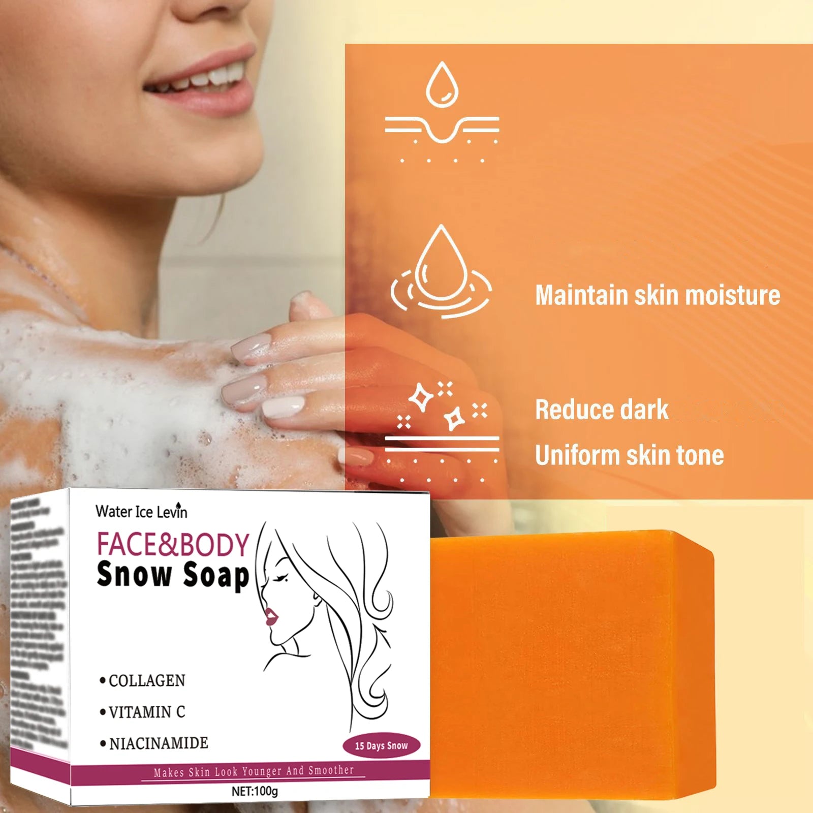 Snow Soap Face Body All Skin Collagen Vitamin C Niacinamide. 43 Day Skin Transformation. Brightens, Softens, Smooths.