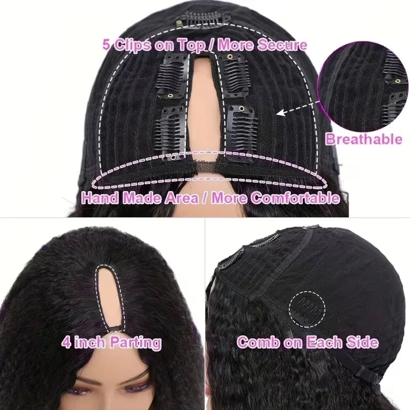 FRIZIRA kinky Straight V Part Brazilian Virgin Human Hair Wigs Glueless Upgrade U Part Wig Glueless V Shape Wig Natural Black