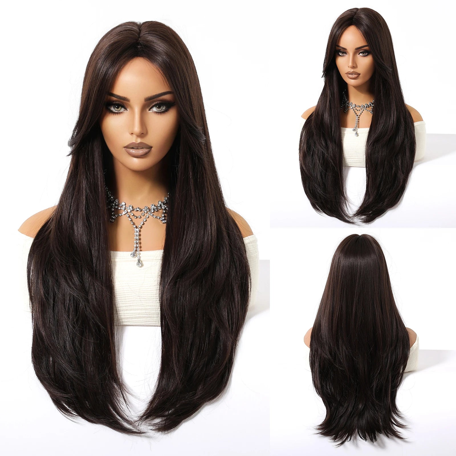 EASIHAIR Brown Straight Layered Wigs for Women Long Natural Hair Synthetic Wigs With Bangs Daily Use Party Heat Resistant Wigs
