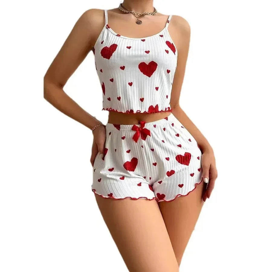 Summer New Sleepwear Women's Pajamas Set 2 PCS Soft Casual Love Printing Tank Tops and Shorts Lingerie Set Pyjamas