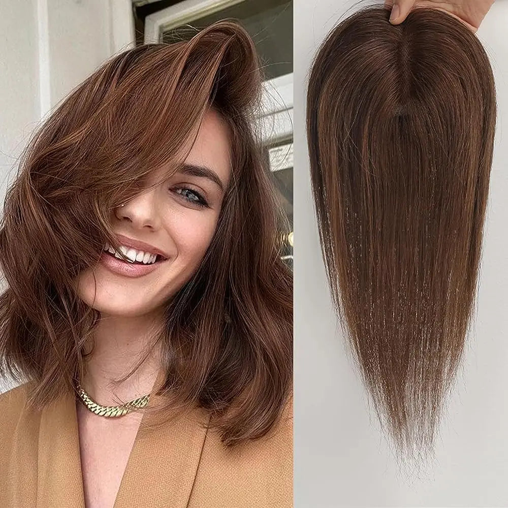 Chocolate Brown Remy Human Hair Toppers 12inches Straight Topper Lace Base Clips in Hair Human Hair Pieces Extensions for Women