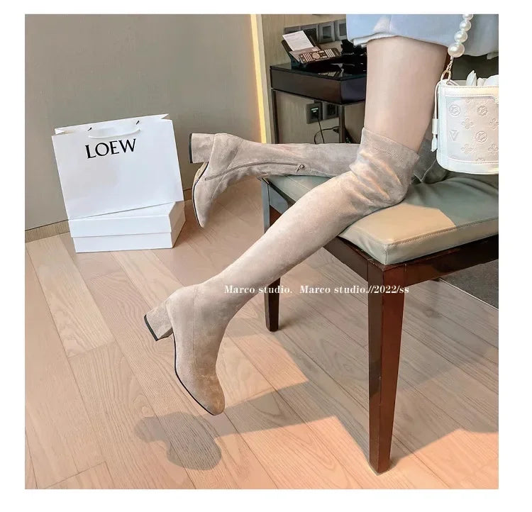 Elastic Long Faux Suede Boots Woman Over-the-knee Boots Casual Black Platform Shoes for Women Autumn Ladies Bottes 2024