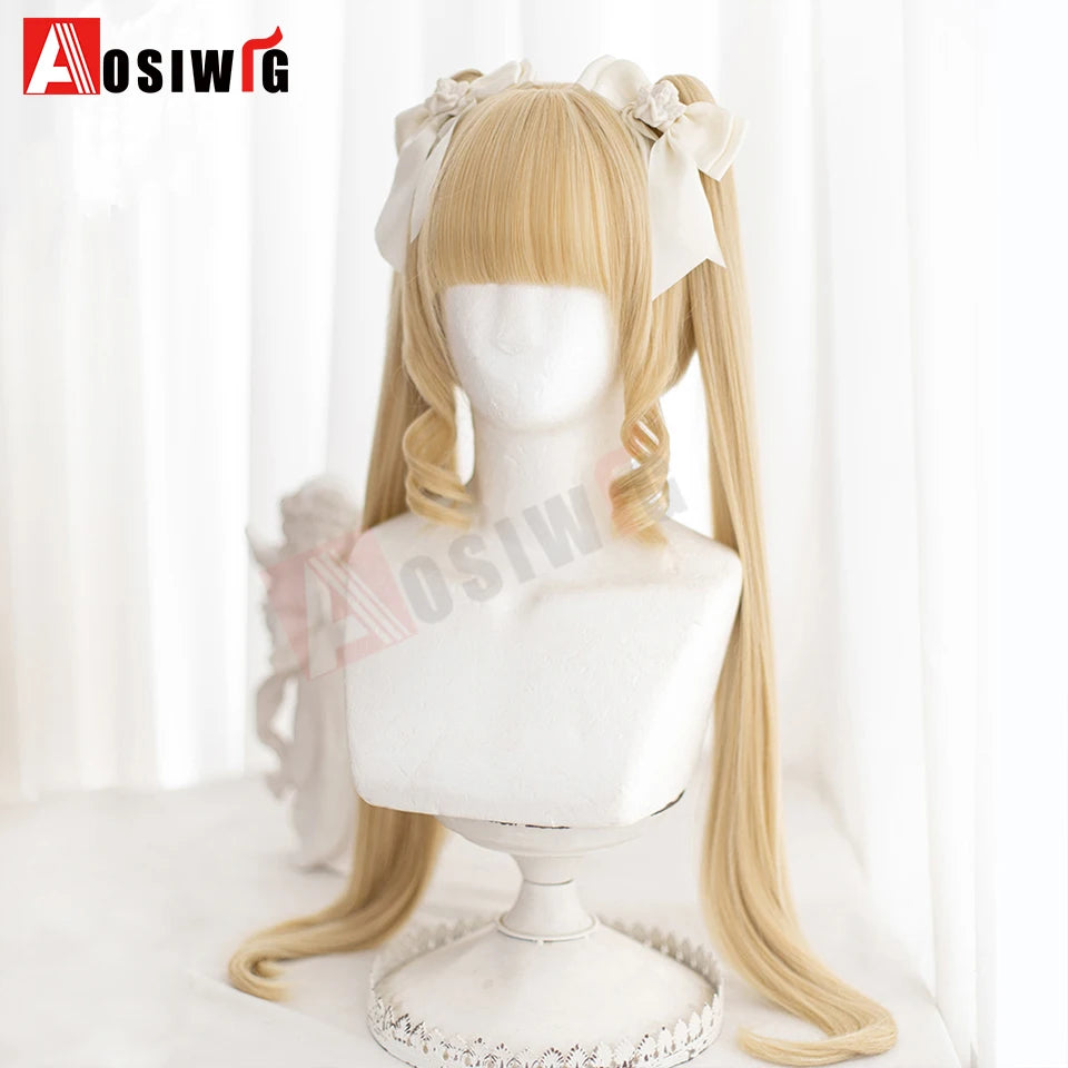 AOSI Synthetic Long Curly Wig Double Ponytail Cute Lolita Women Wigs Halloween Cosplay Style Blonde Brown Party Wig