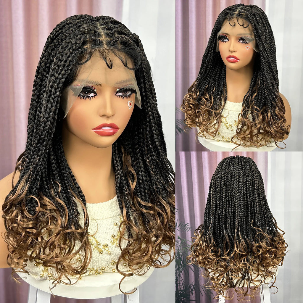 Ombre Synthetic Lace Front Square Knotless Box Braided Wig with Wavy Ends Lace Frontal Braids Wig with Baby Hair for Black Women