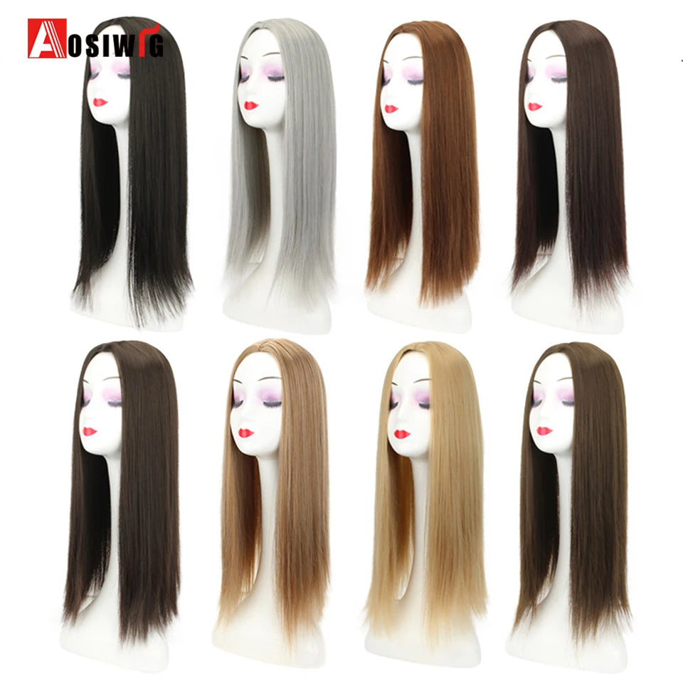 AOSIWIG Synthetic Long Straight Topper Closures Hairpiece Clip In Hair Extensions Cover White Hair Women Natural Fake Hairpiece