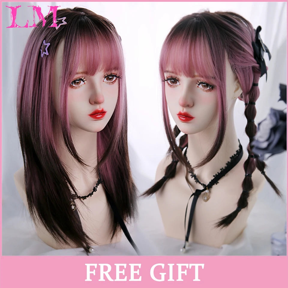 LM Golden Wig Synthetic Ombre Long Straight/Body Wave Middle Part Heat Resistant Natural Hair Wigs For Women Cosplay
