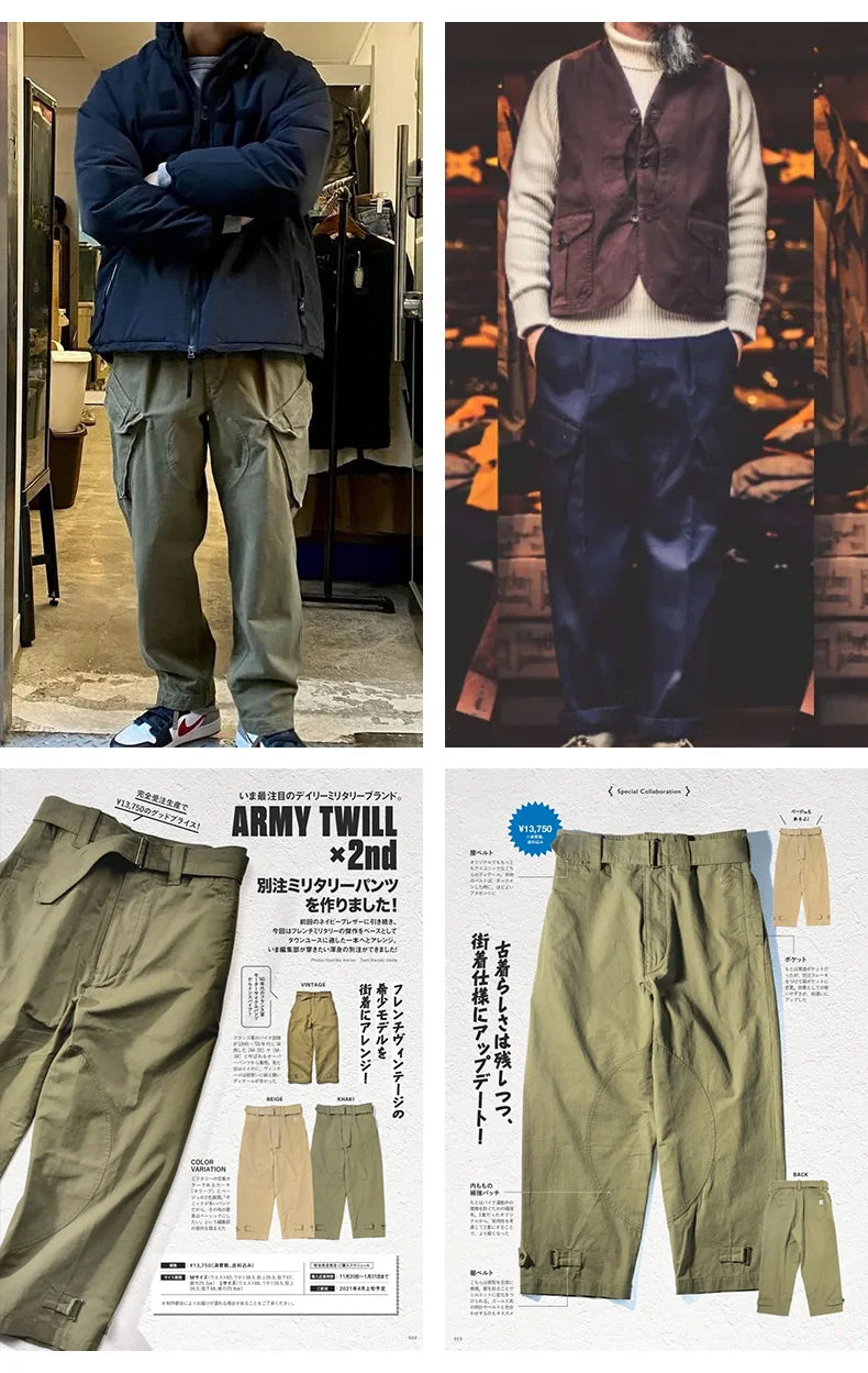 Maden Vintage Tactical Tapered Pants for Men 100% Cotton Wide Cargo Pant Casual Baggy Large Pockets Trousers Streetwear