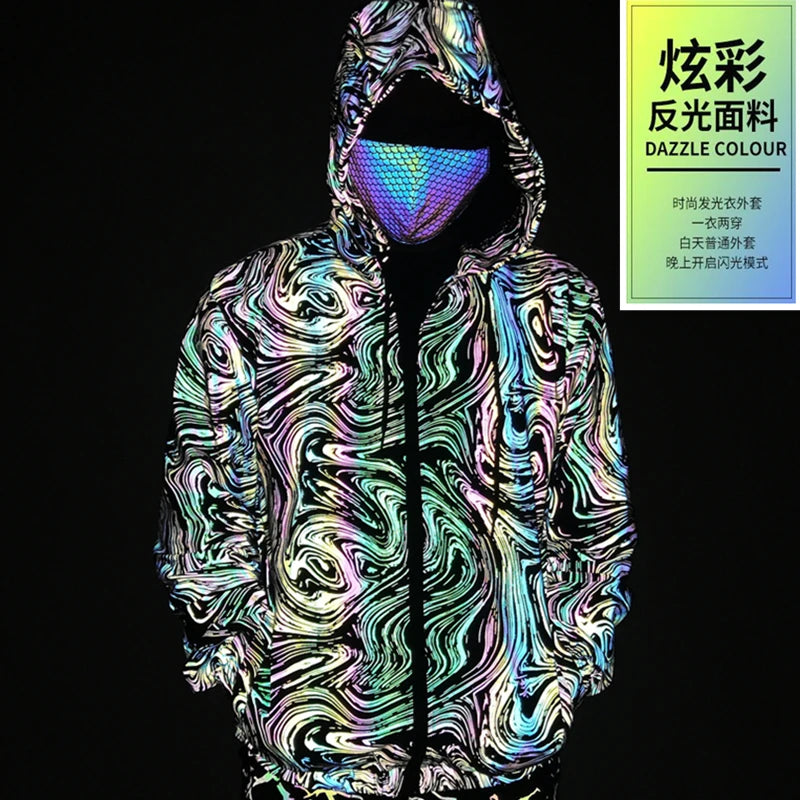 Drop shipping Holographic Reflective Jackets Men Techwear Night Walk Dance Hip Hop Breathable Hooded Coat Jaqueta Masculina