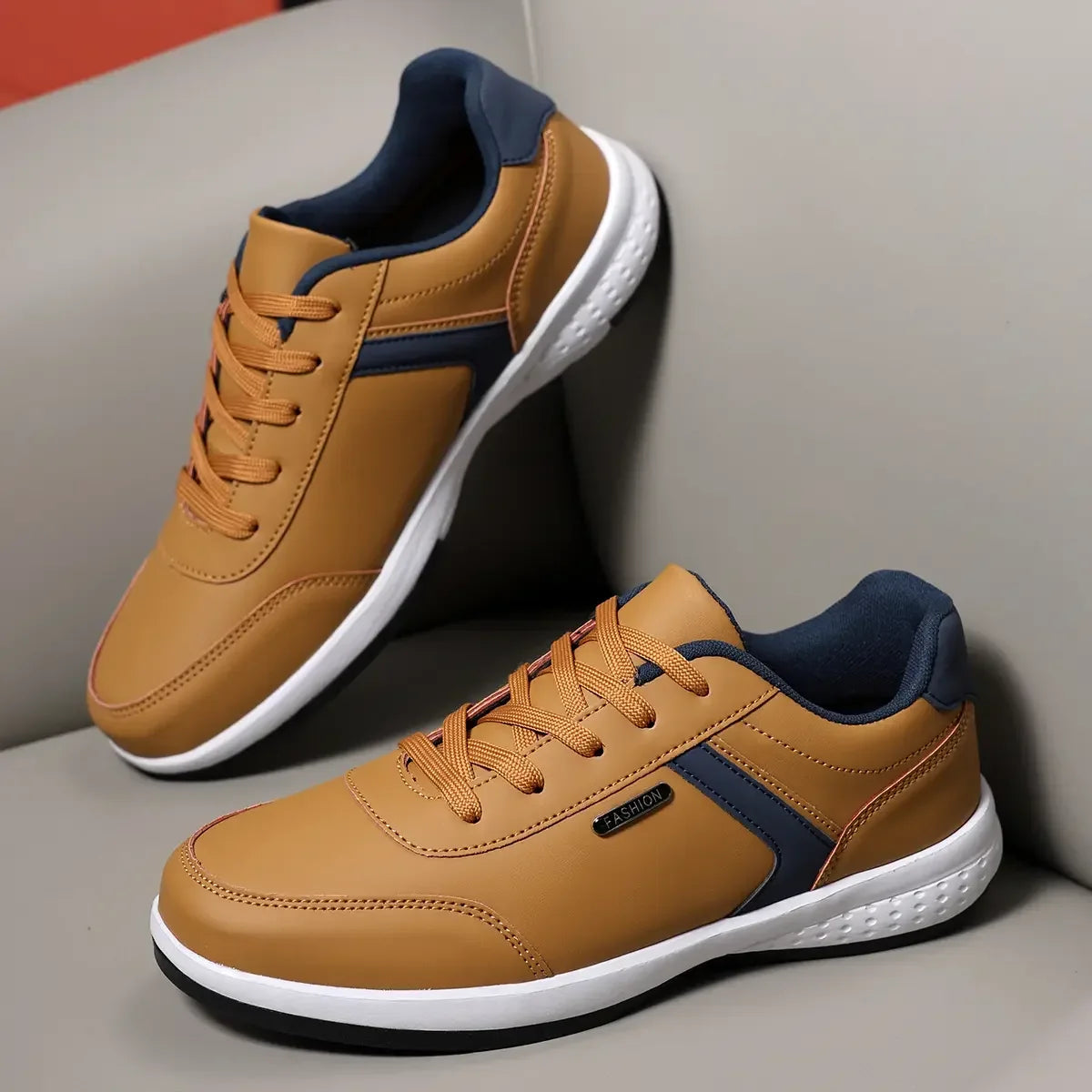 Men's Fashion Sneakers - Khaki Leather Comfortable Tennis Shoes Lace Up Large Thick Bottom Suitable for Daily Use Flat Shoes